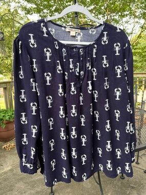 🇺🇸Coastal Lobster Print Studio West Navy and White Blouse